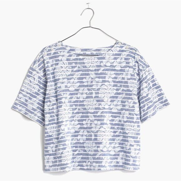 Madewell Chambray Rivet & Thread Button Shoulder Crop Shirt Striped Floral Top - Picture 1 of 8